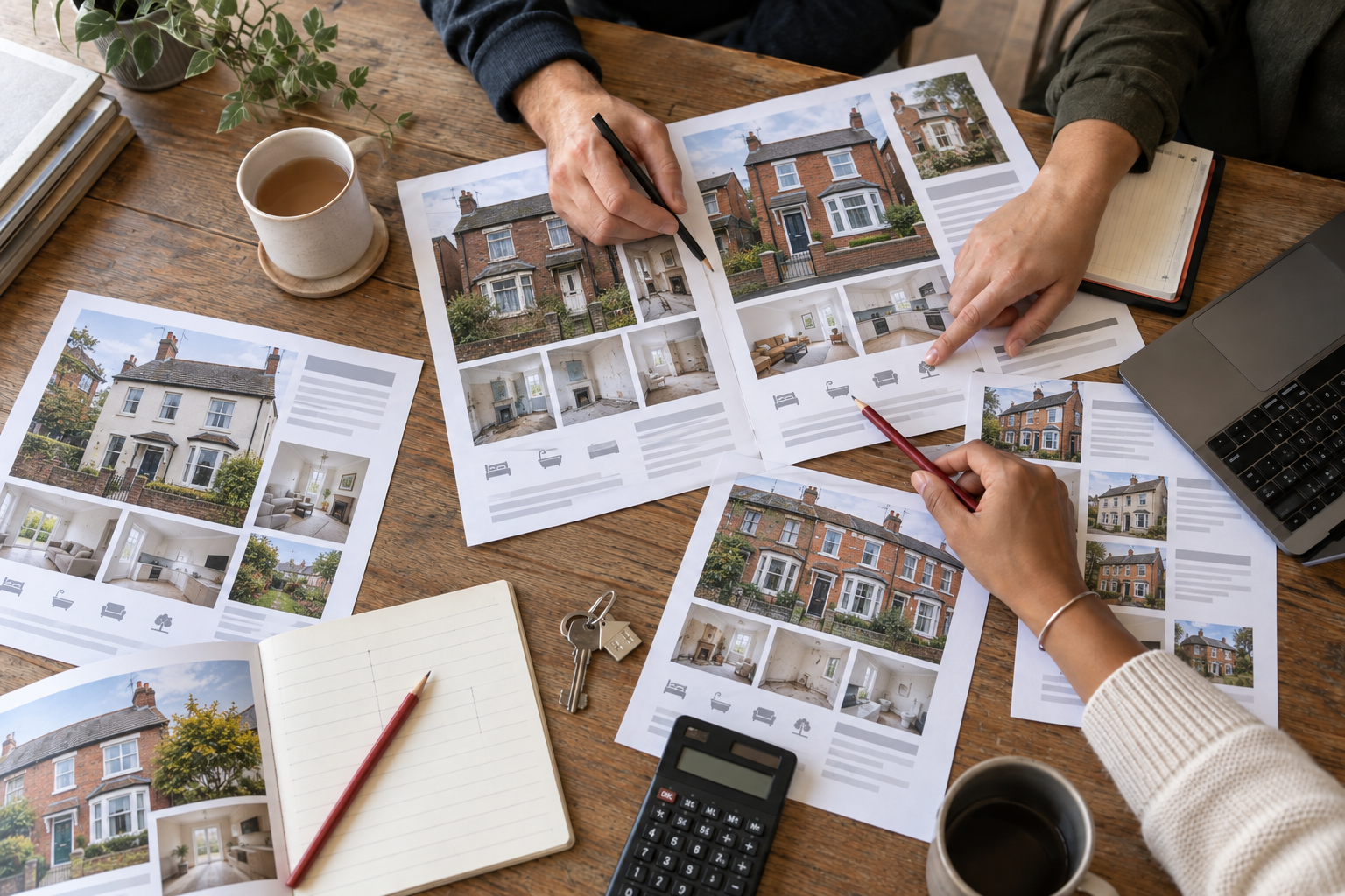 Property sourcing discussion using estate agent brochures